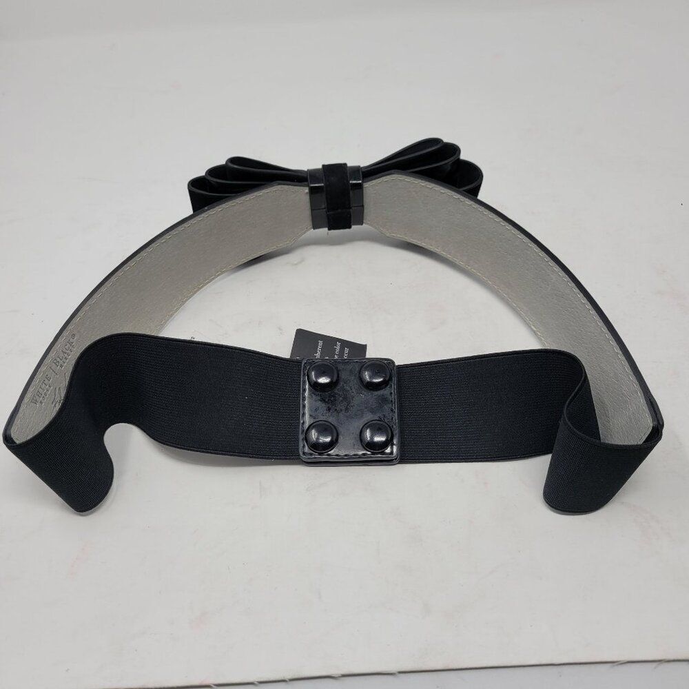 WHBM Belt Sz L Black Suede Patent Leather 3D Bow Statement Stretch Cincher Glam - Picture 4 of 10